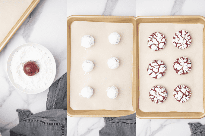 Third set of process photos for Red Velvet Crinkle Cookies.