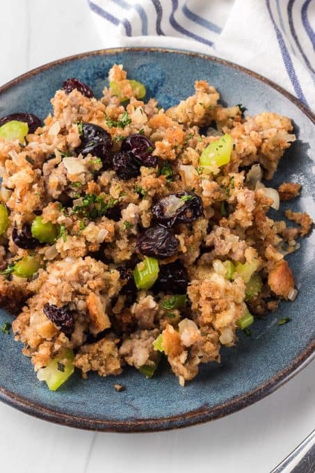 A bread dressing with dried cranberries and sausage.