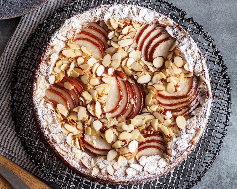 Pear-Almond Olive Oil Cake on wire rack
