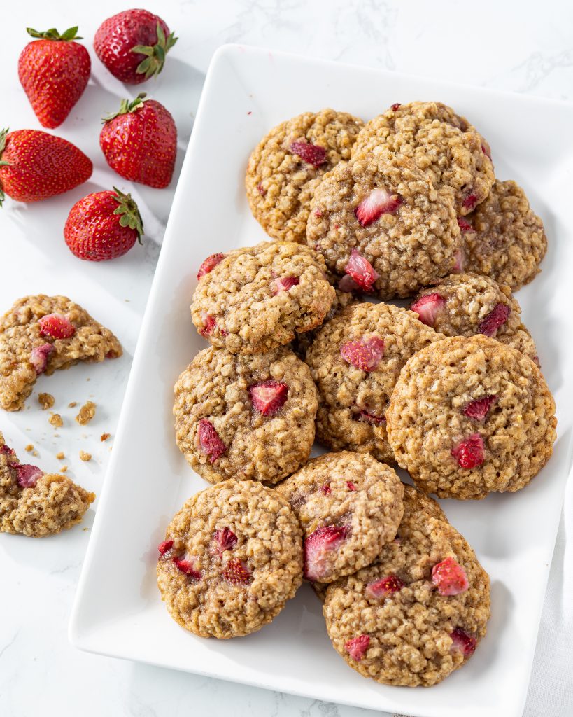 Strawberry-Banana Bread Cookies on white platter
