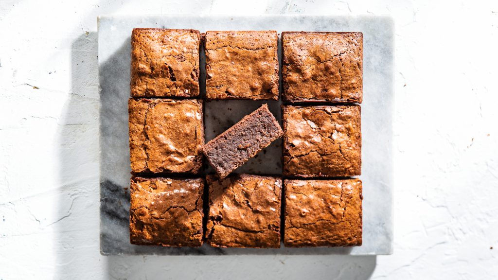 Fudgy Brownies sliced on marble baking recipe