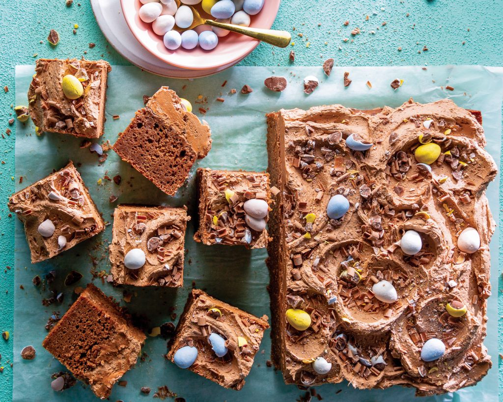 milk chocolate sheet cake sliced