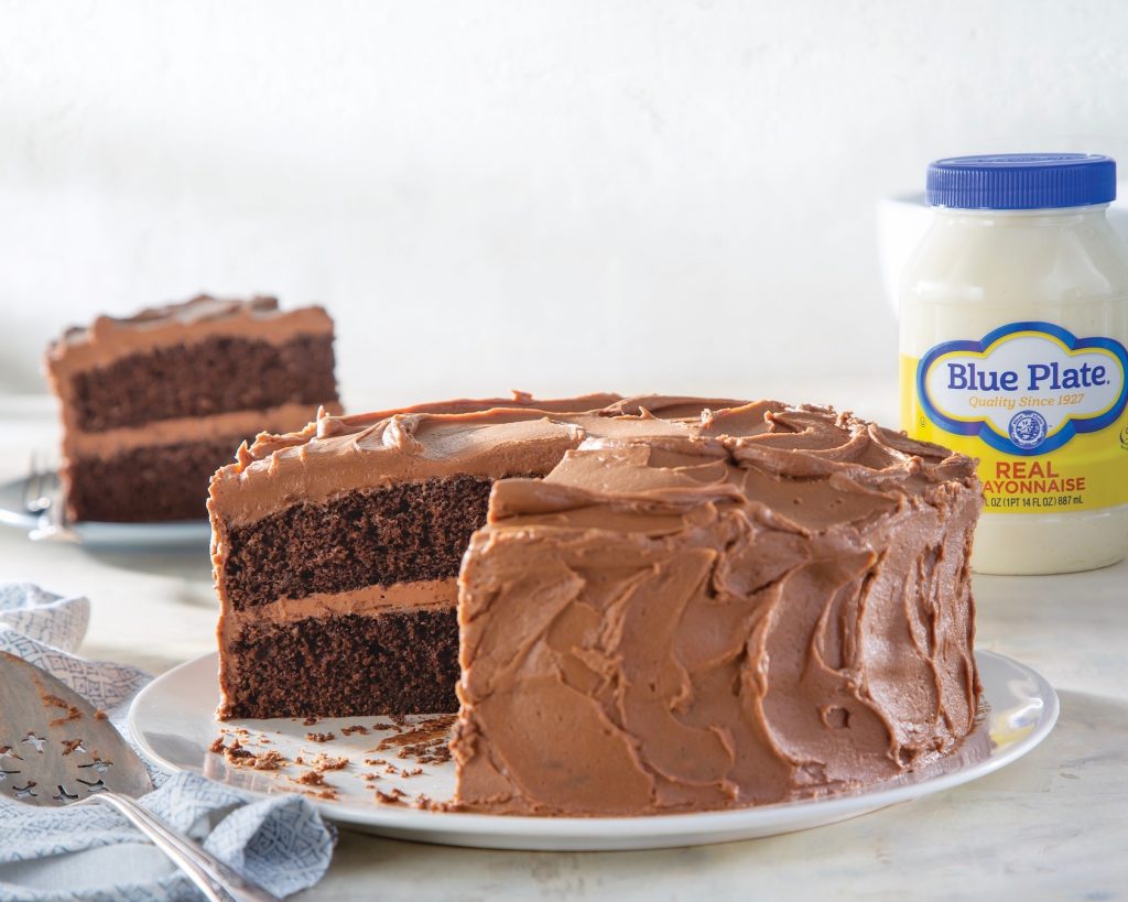 Chocolate Coffee Mayo Cake sliced on white plate