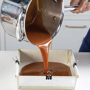 Pouring caramel in dish