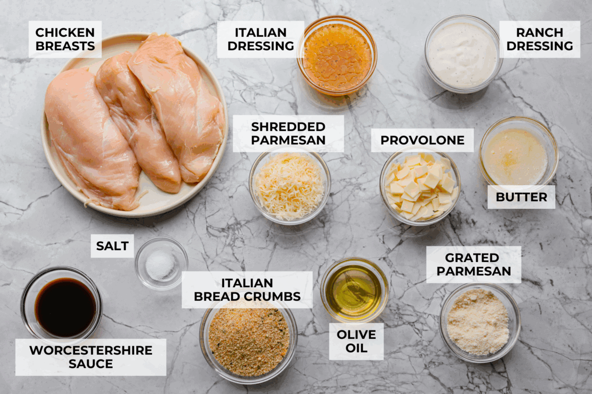 Overhead shot of labeled longhorn parmesan crusted chicken ingredients. 