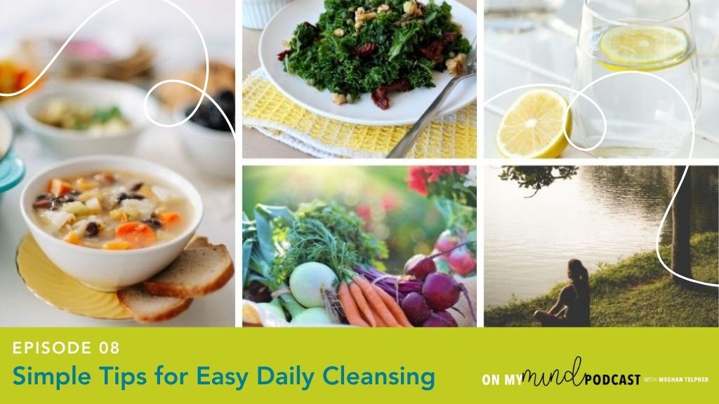 A collage with pictures of a bowl of soup, a salad, lemon water, fresh vegetables and a woman sitting by a lake 