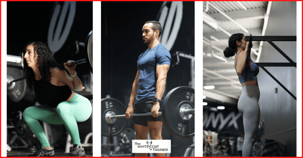 brittany squatting and doing a pullup, alex doing a deadlift