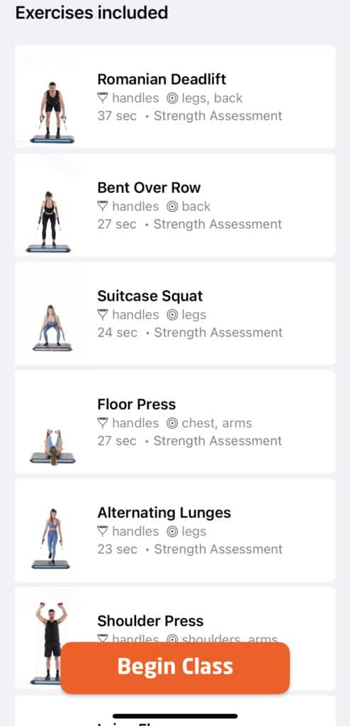 The Strength Assessments as seen on the App showing different exercises