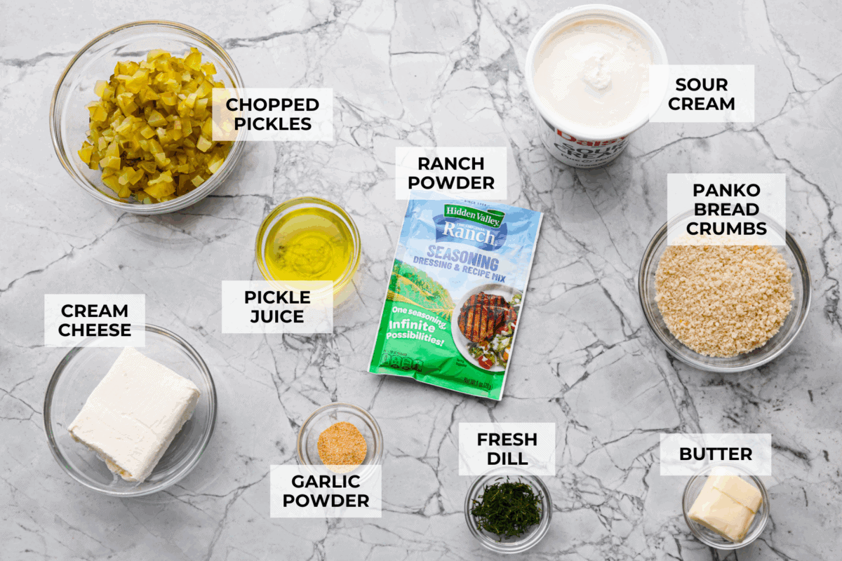 Overhead shot of labeled fried pickle dip ingredients. 