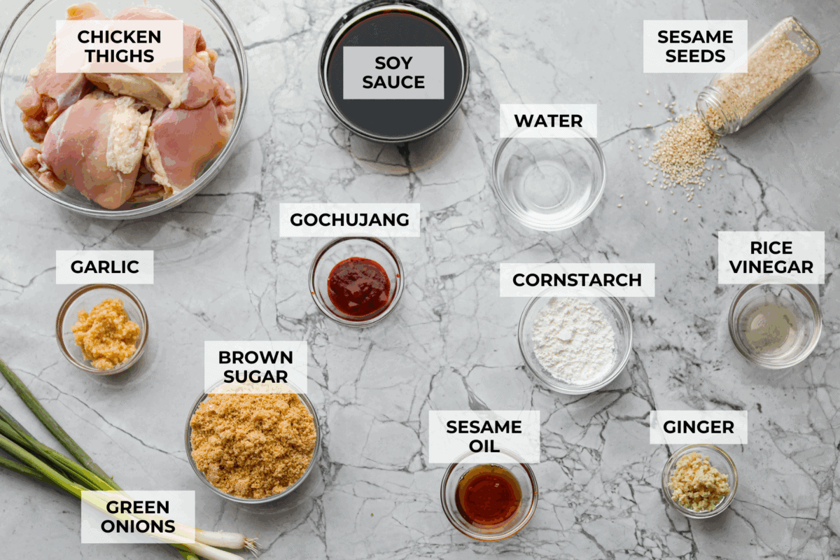 Overhead shot of labeled ingredients. 