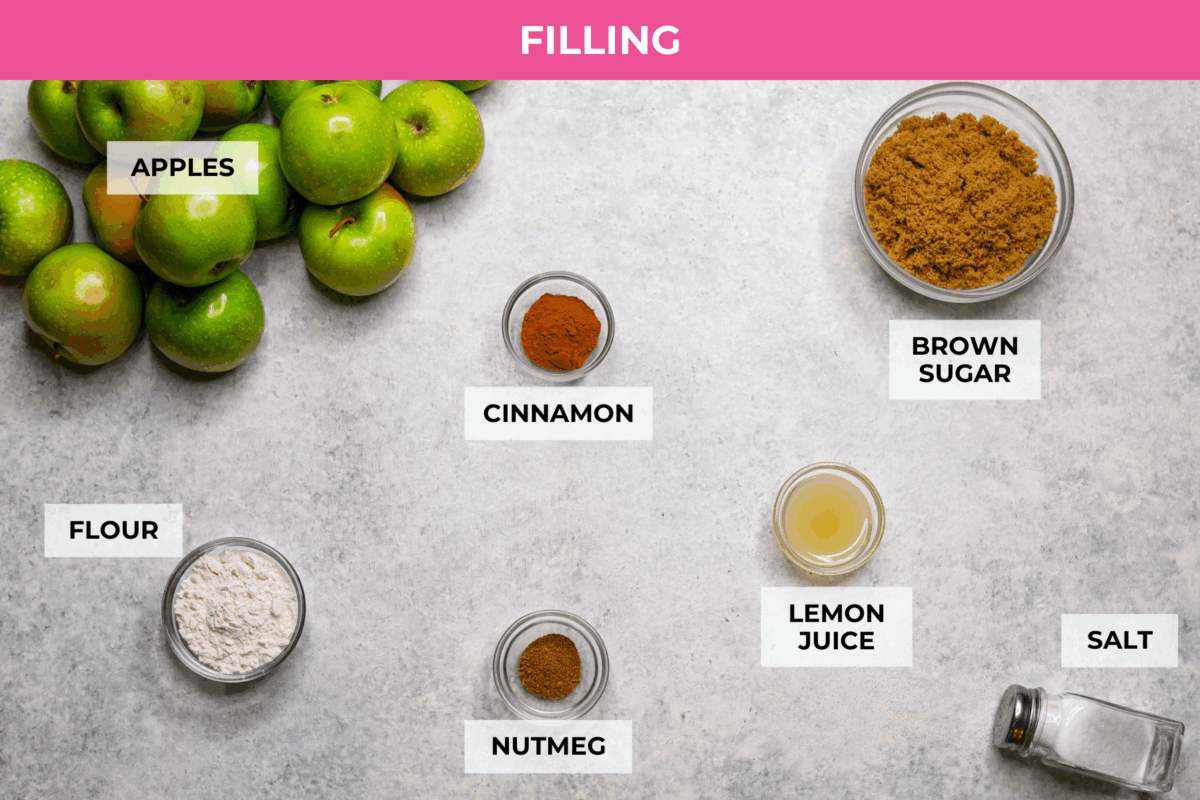 Overhead shot of labeled brown bag apple pie filling ingredients. 