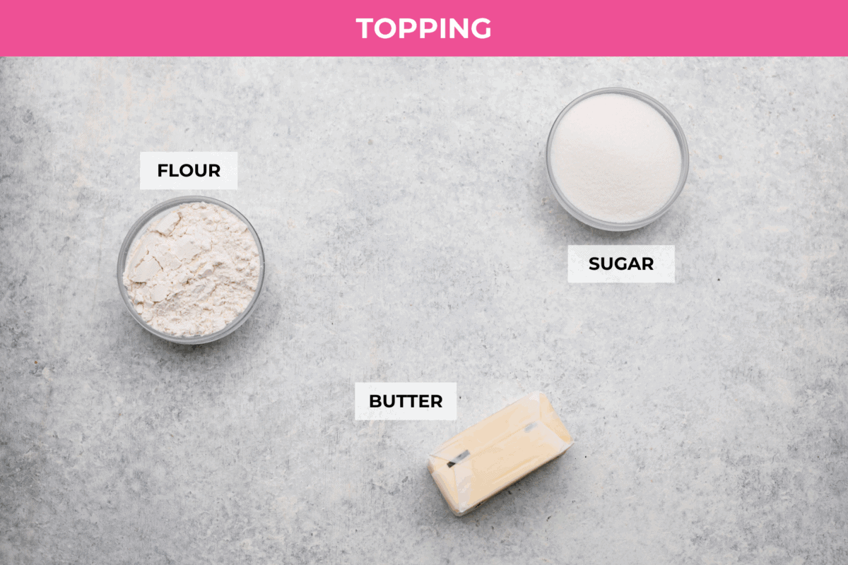 Overhead shot of labeled topping ingredients. 