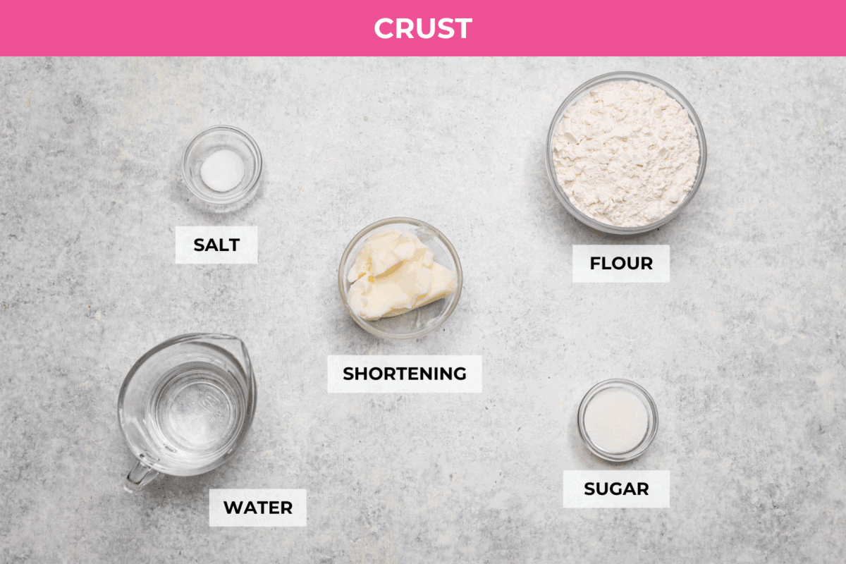 Overhead shot of labeled crust ingredients. 