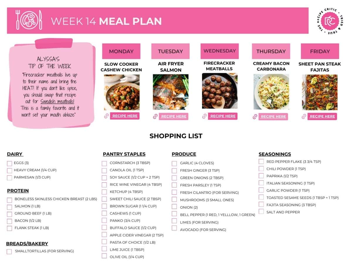 A pdf of a weekly shopping list for a meal plan. 