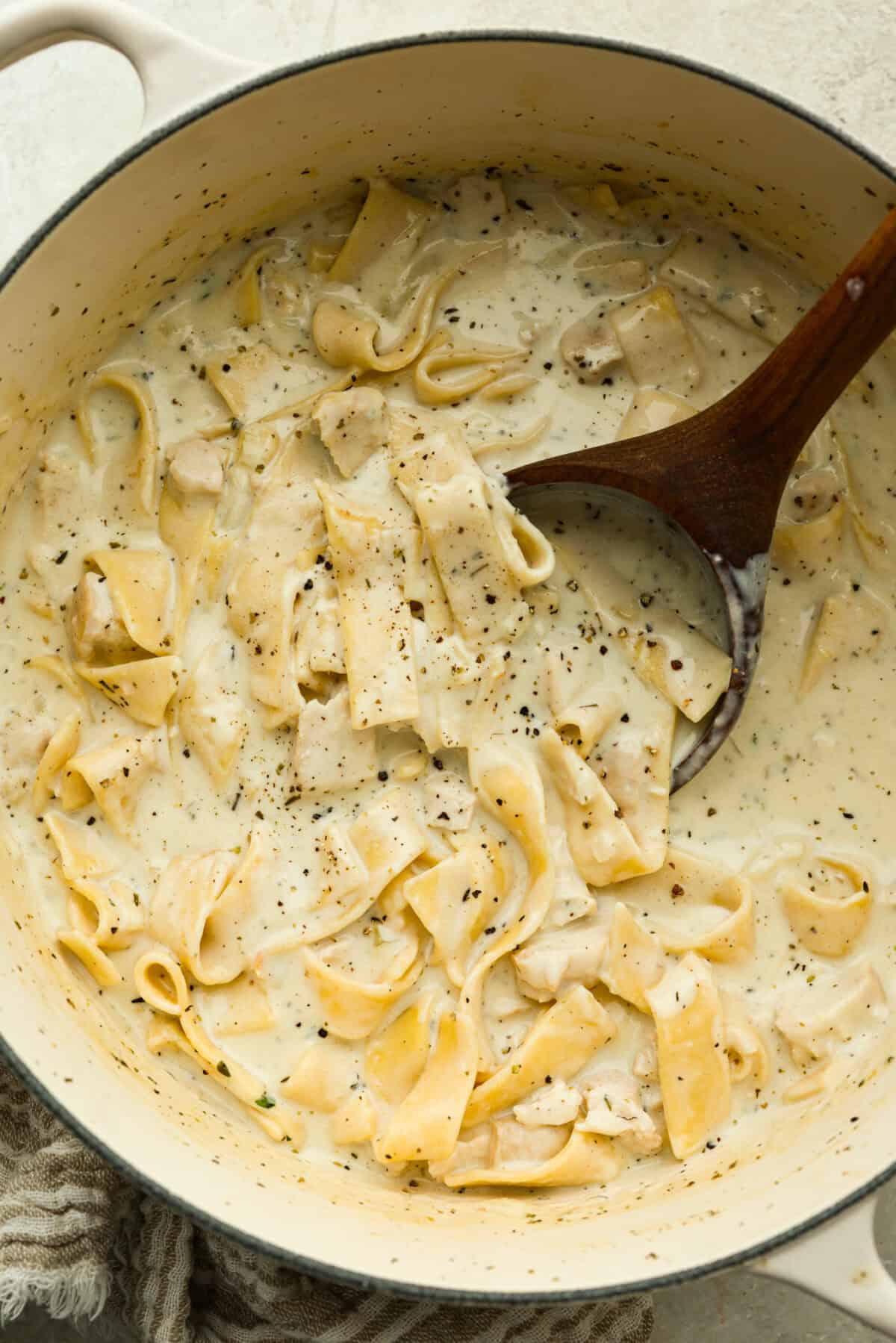 Pot of chicken Alfredo soup. 