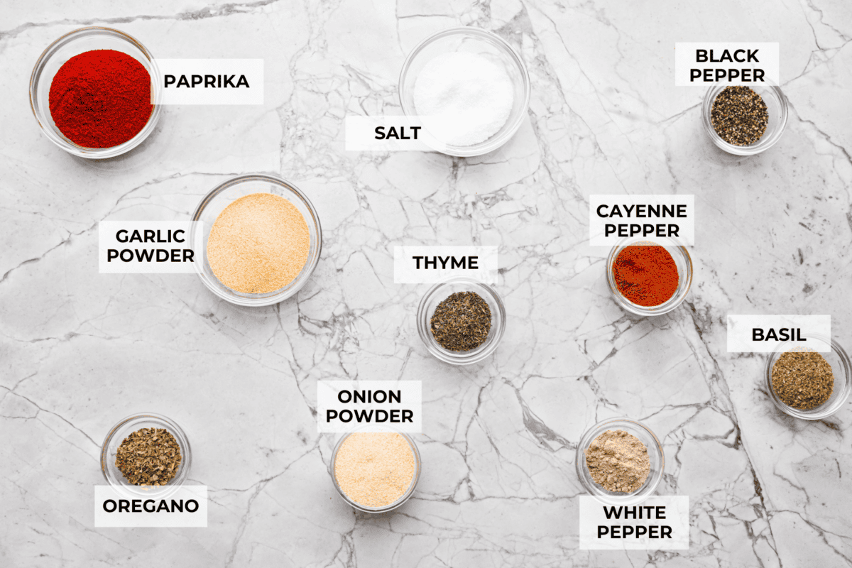 Overhead shot of labeled ingredients. 