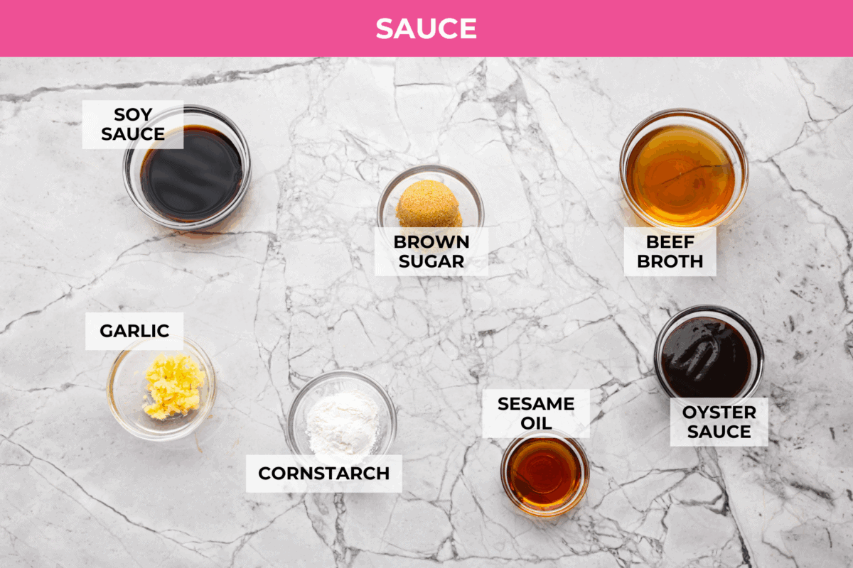 Overhead shot of beef chow mein ingredients. 