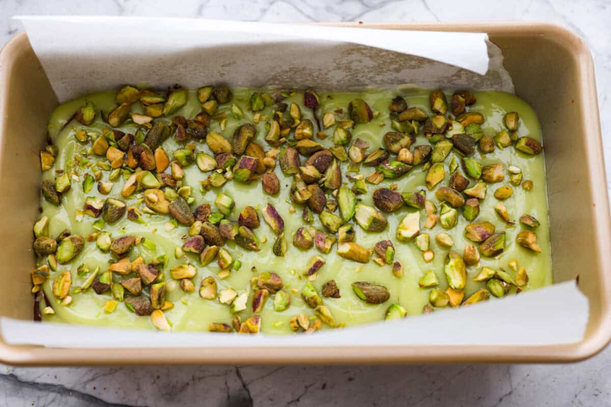 Pistachios added to the top of the batter. 