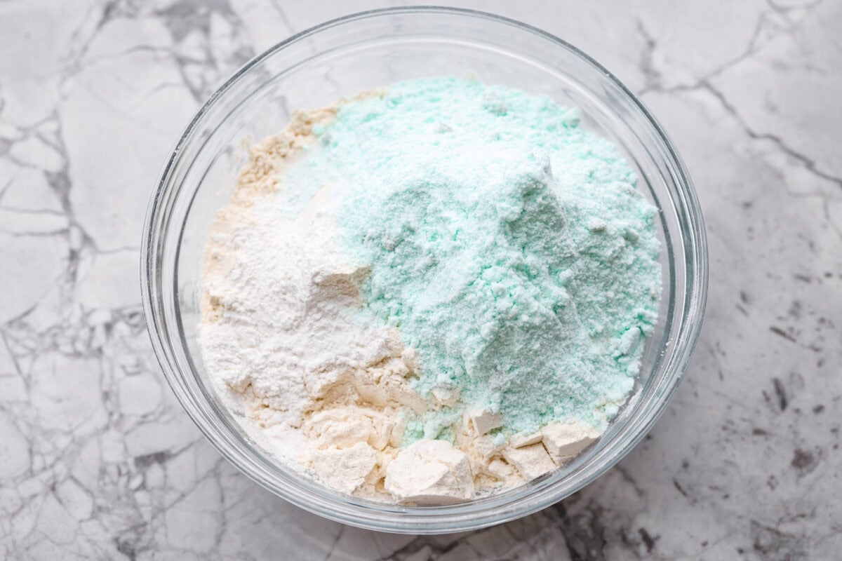 Dry ingredients all added to a mixing bowl. 