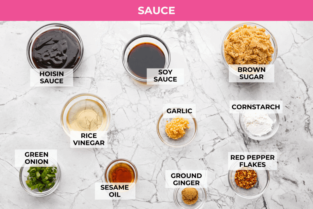 Overhead shot of labeled sauce ingredients. 