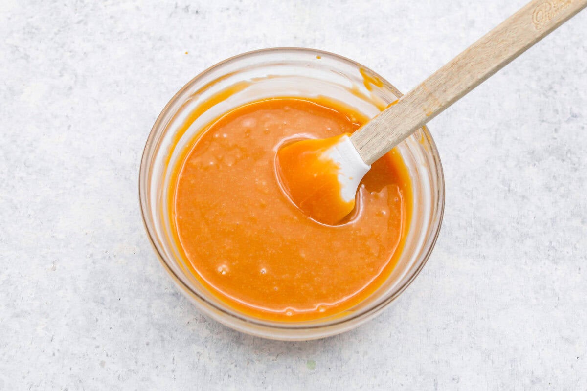 Caramel melted in a small mixing bowl. 