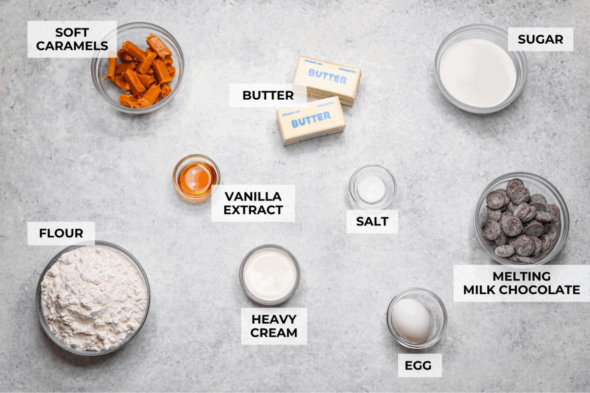 Overhead shot of labeled Twix thumbprint cookie ingredients.