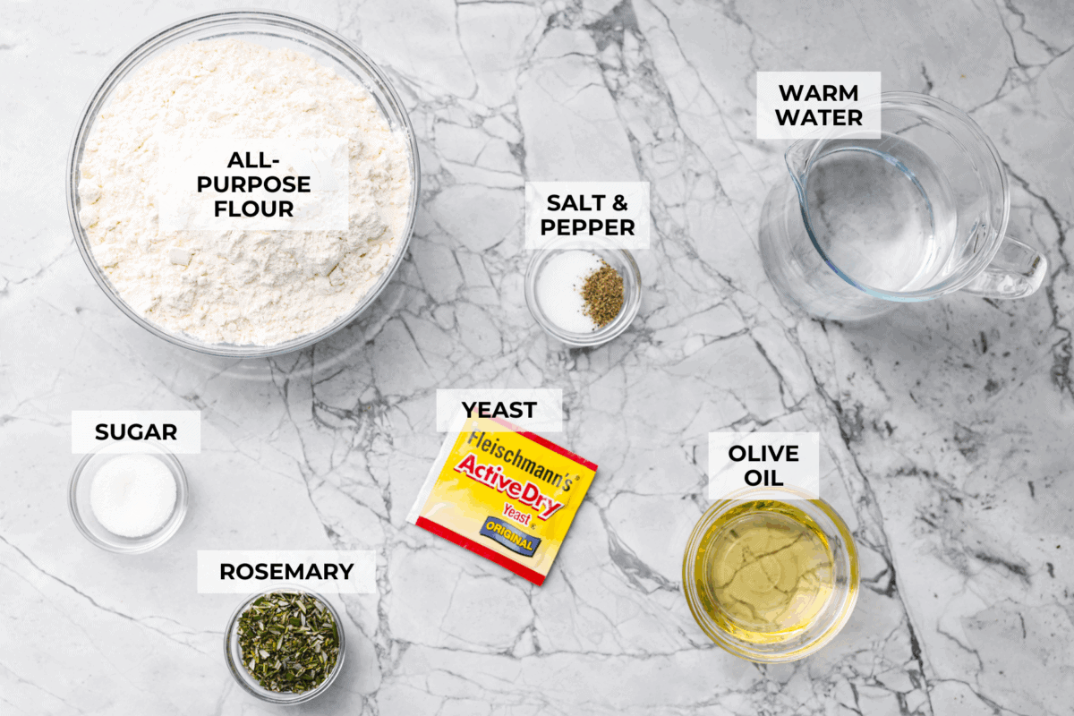 Overhead shot of labeled ingredients. 