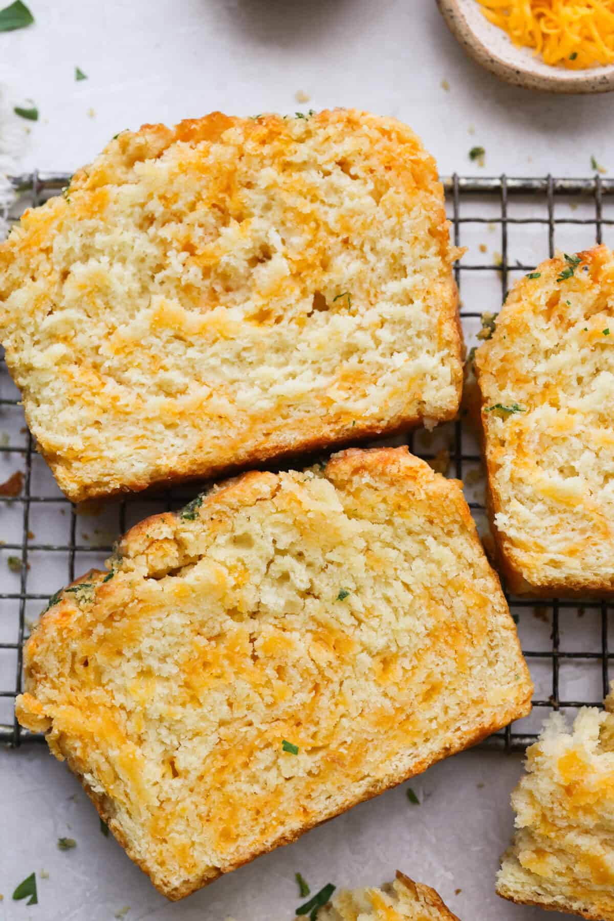 Slices of the cheddar bay biscuit bread. 