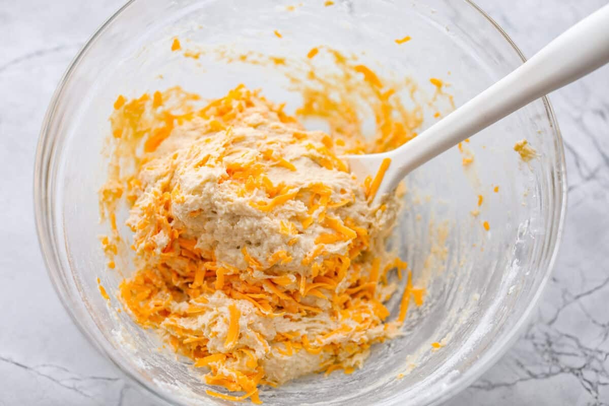 Cheese stirred into the batter.