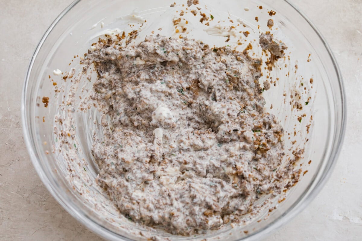 Mushroom and sausage mixture added to the cream cheese mixture.