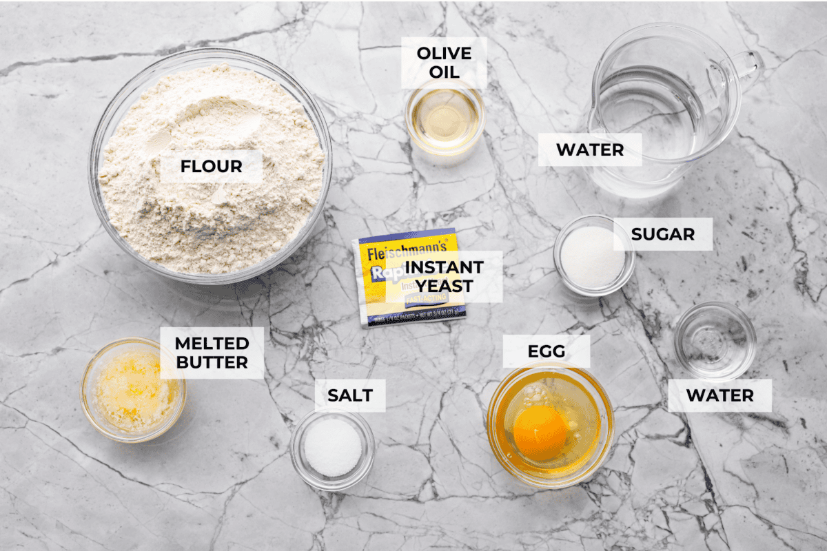 Overhead shot of labeled ingredients.