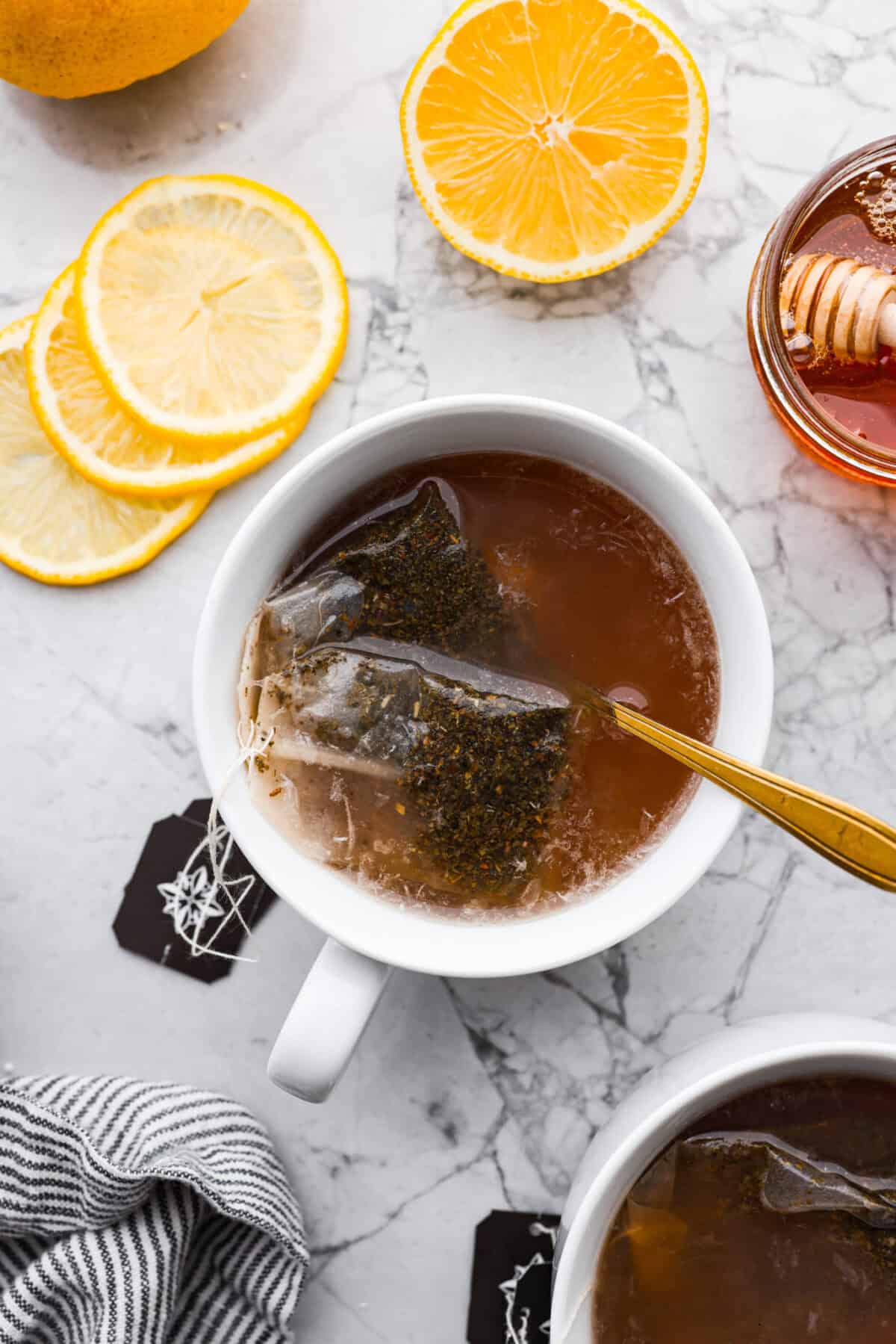 Overhead shot of copycat Starbucks medicine ball tea in a mug. 