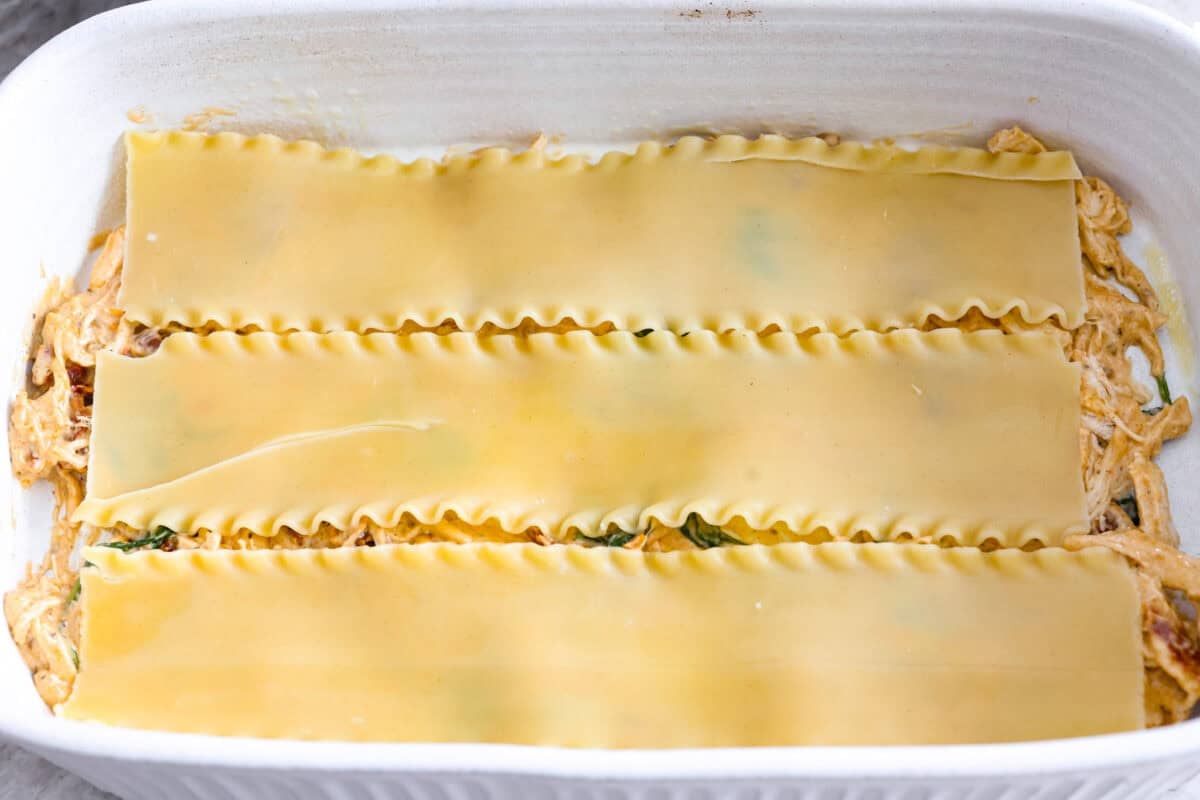 Bottom layer of meat sauce with lasagna noodles on top.  