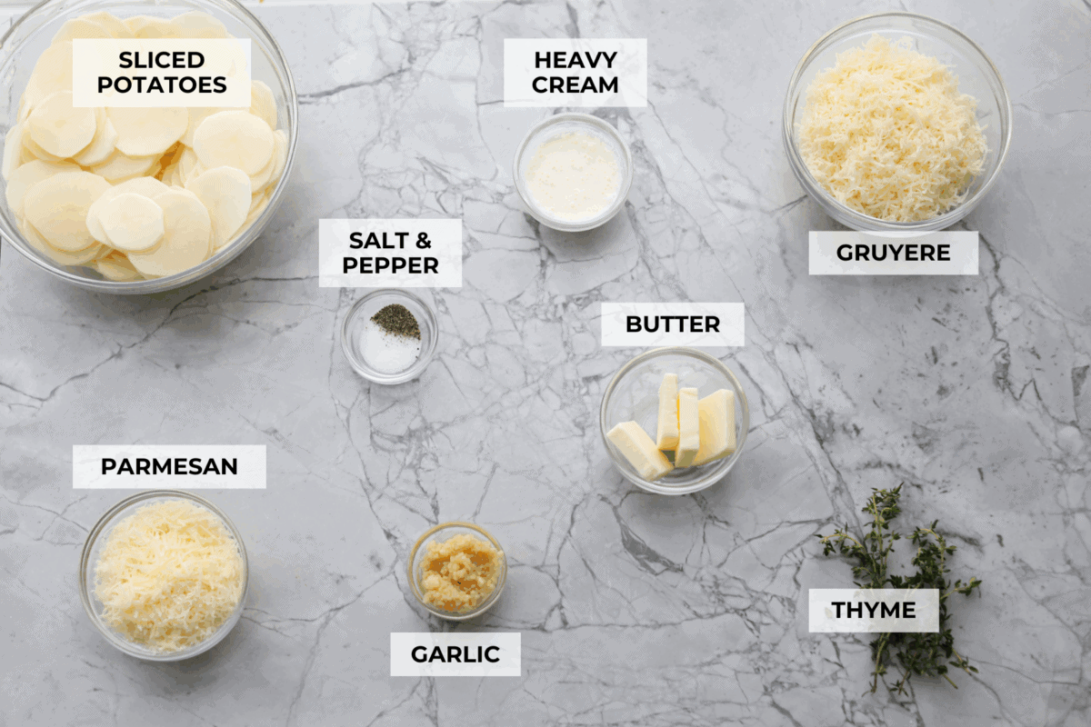 Overhead shot of labeled  ingredients. 