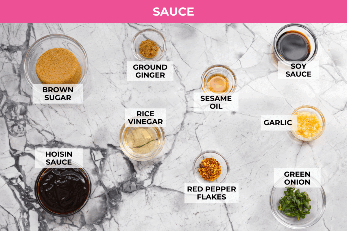 Overhead shot of labeled sauce ingredients. 