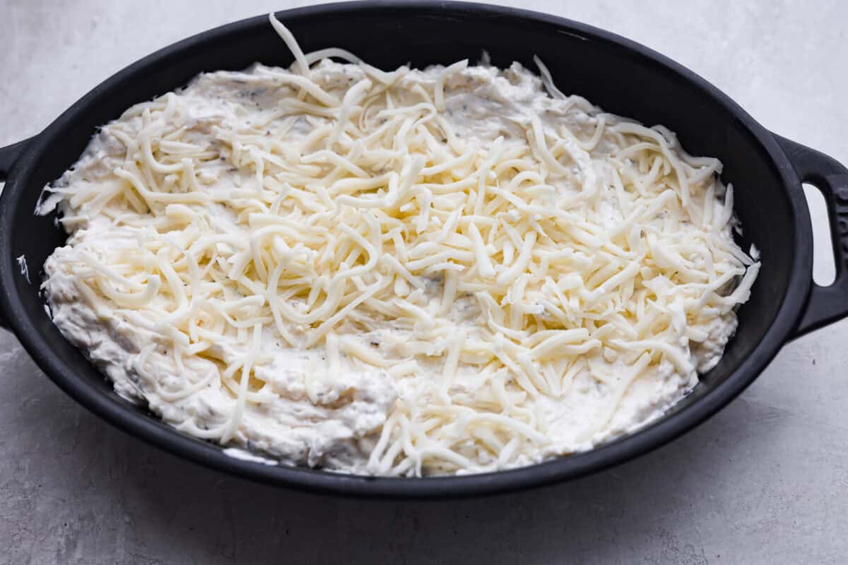 Mozzarella and parmesan cheese spread over the top of the dip. 