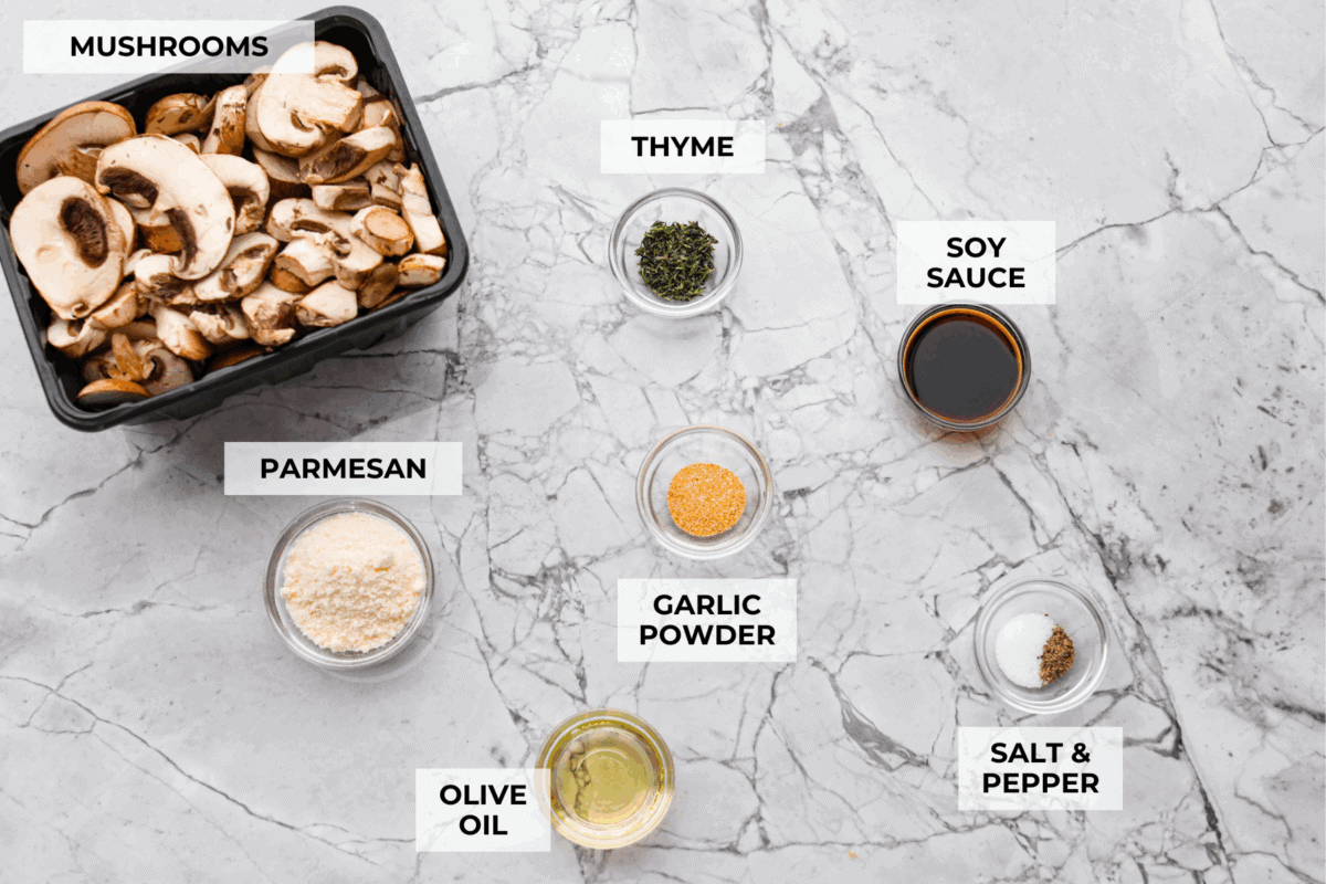 Overhead shot of labeled ingredients. 