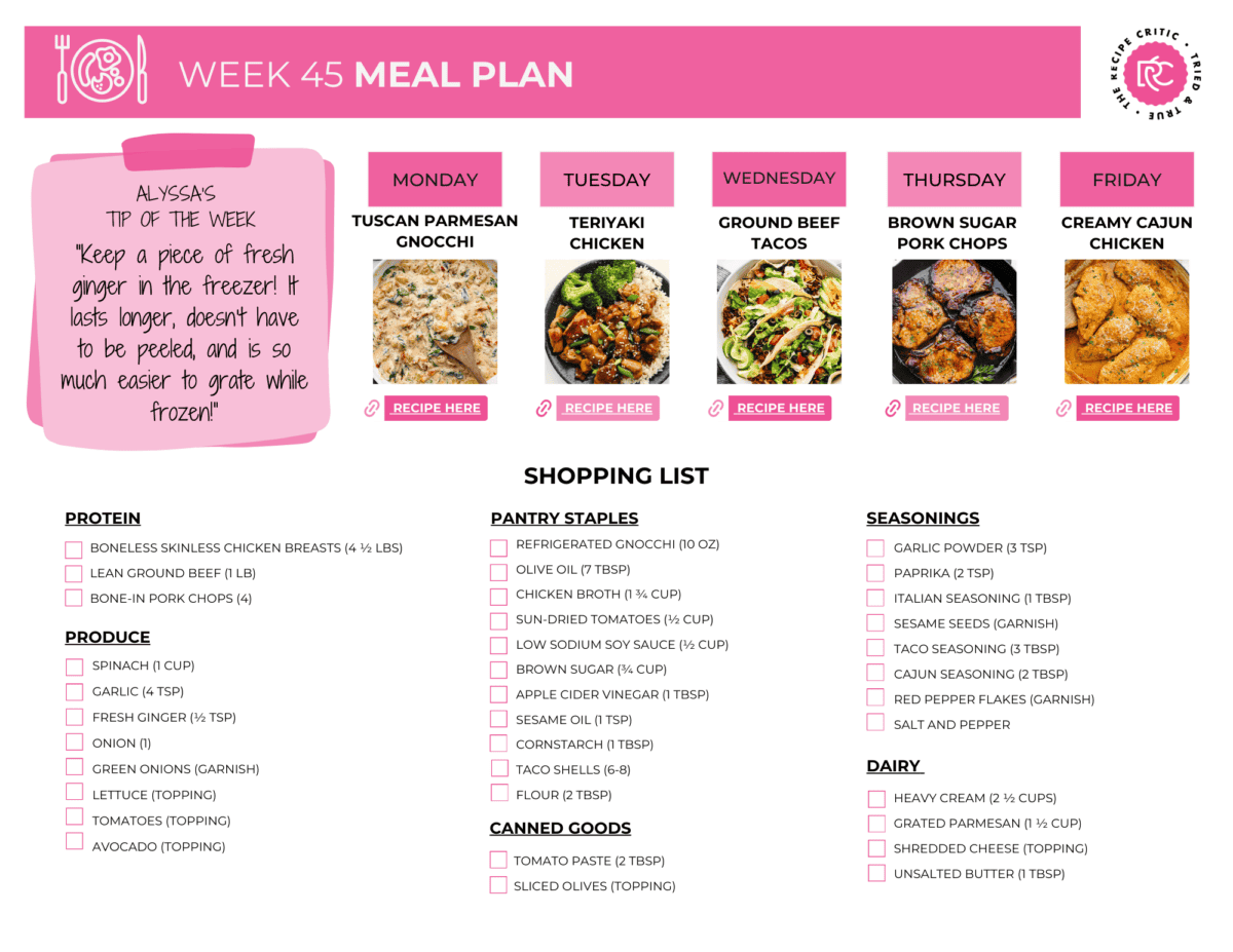A pdf of a meal plan and shopping list. 