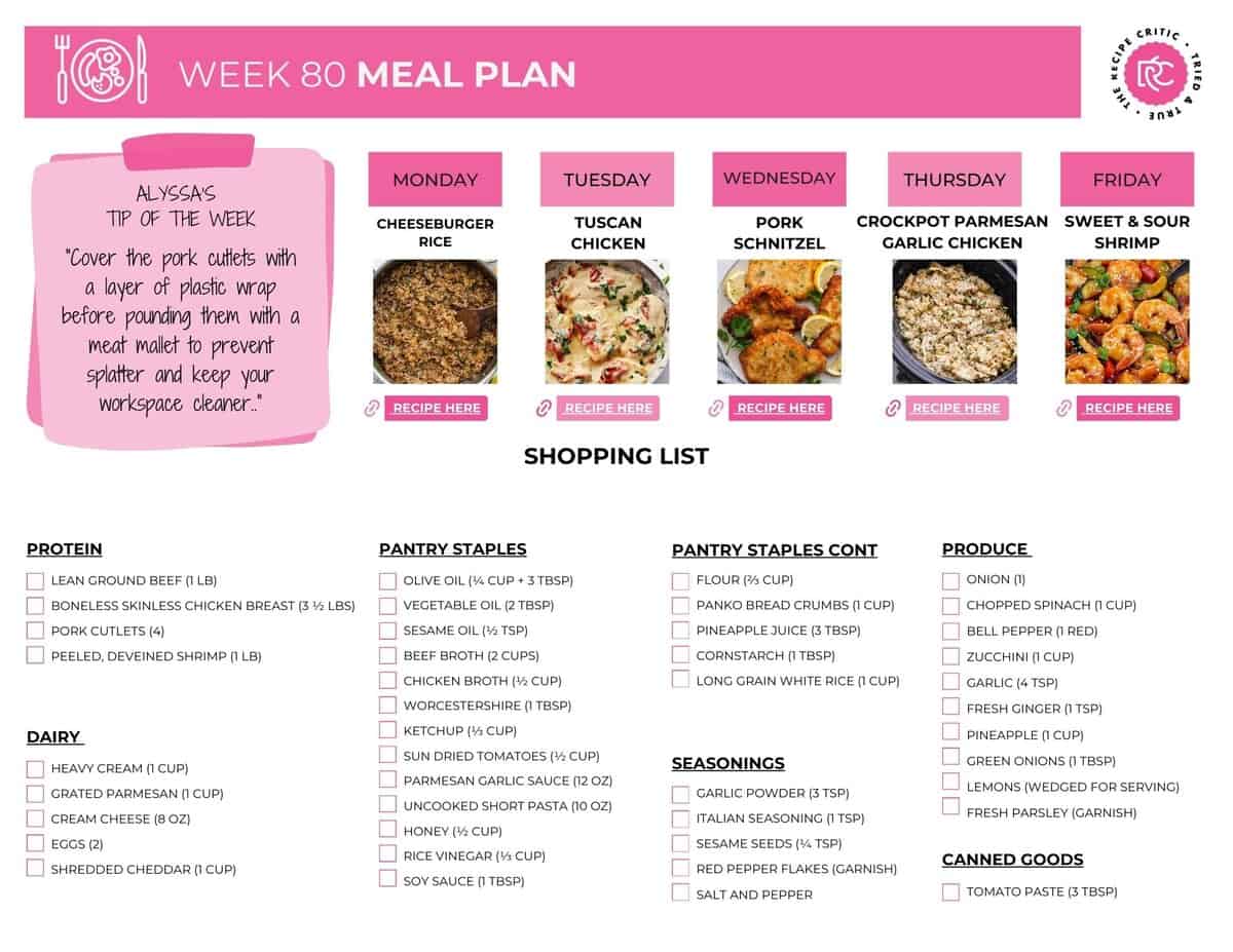 Free printable shopping list for the weekly meal plan.