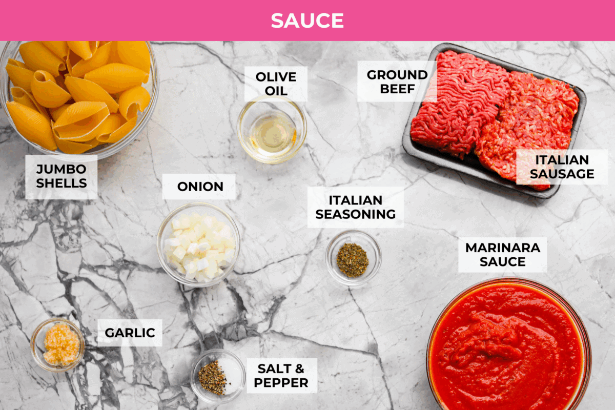 Overhead shot of labeled sauce ingredients. 