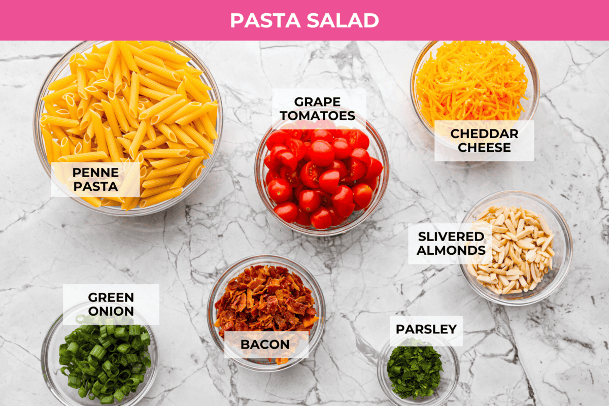 Overhead shot of labeled million dollar pasta salad ingredients.