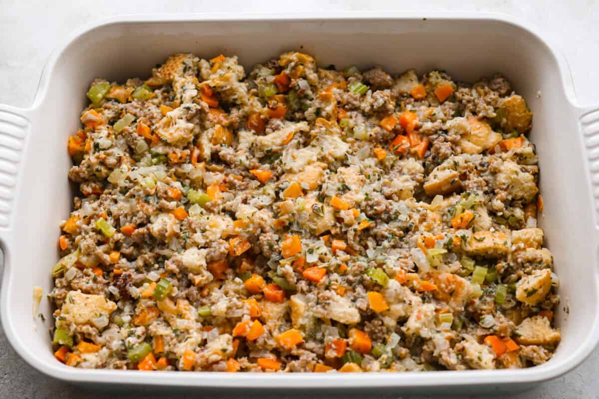 Sourdough stuffing in the baking dish ready to go in the oven.
