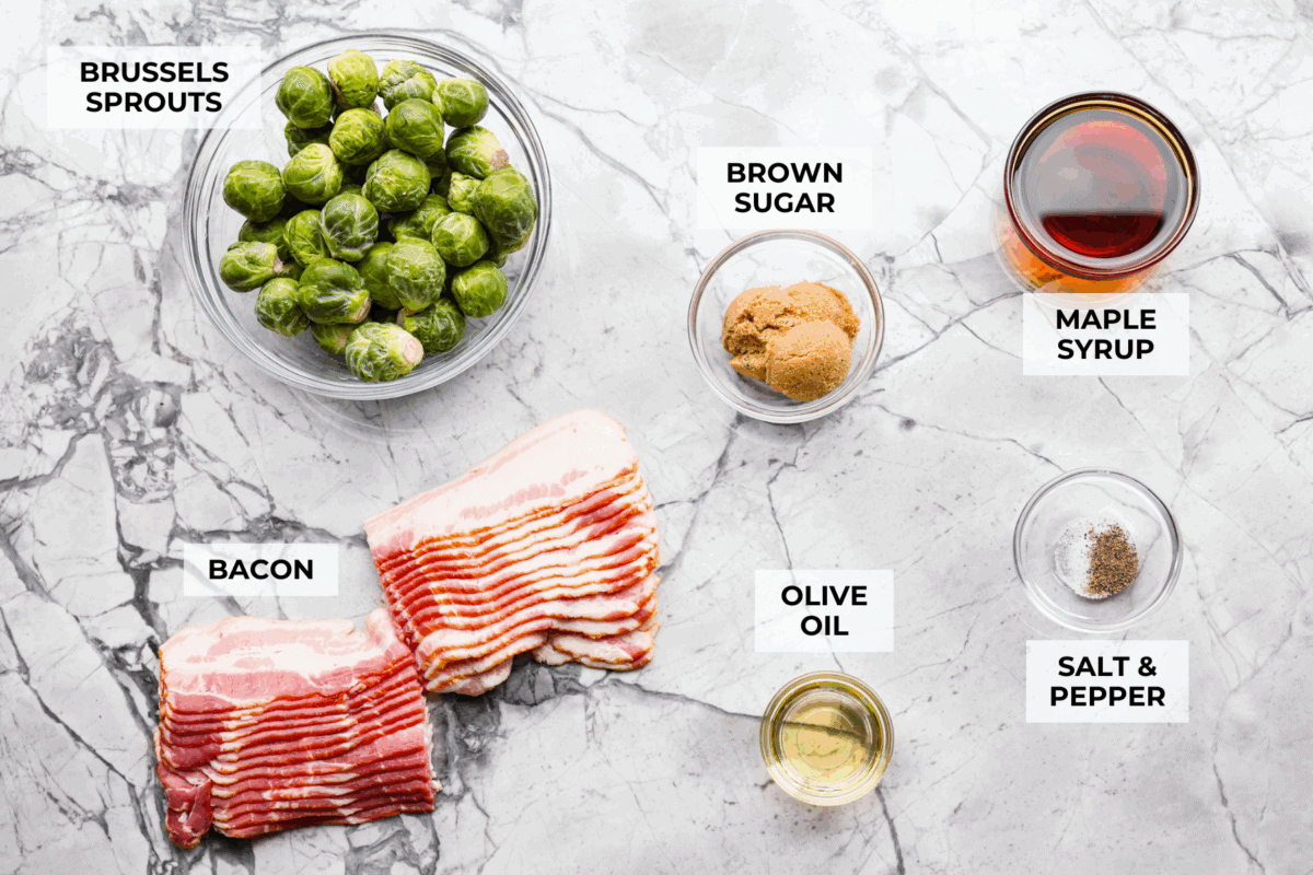 Overhead shot of labeled ingredients. 