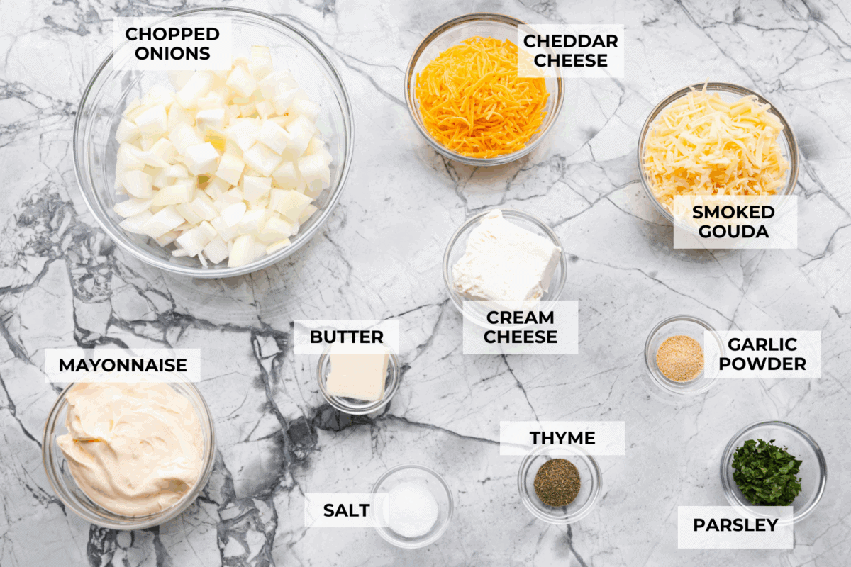 Overhead shot of labeled Tennessee onion dip ingredients. 