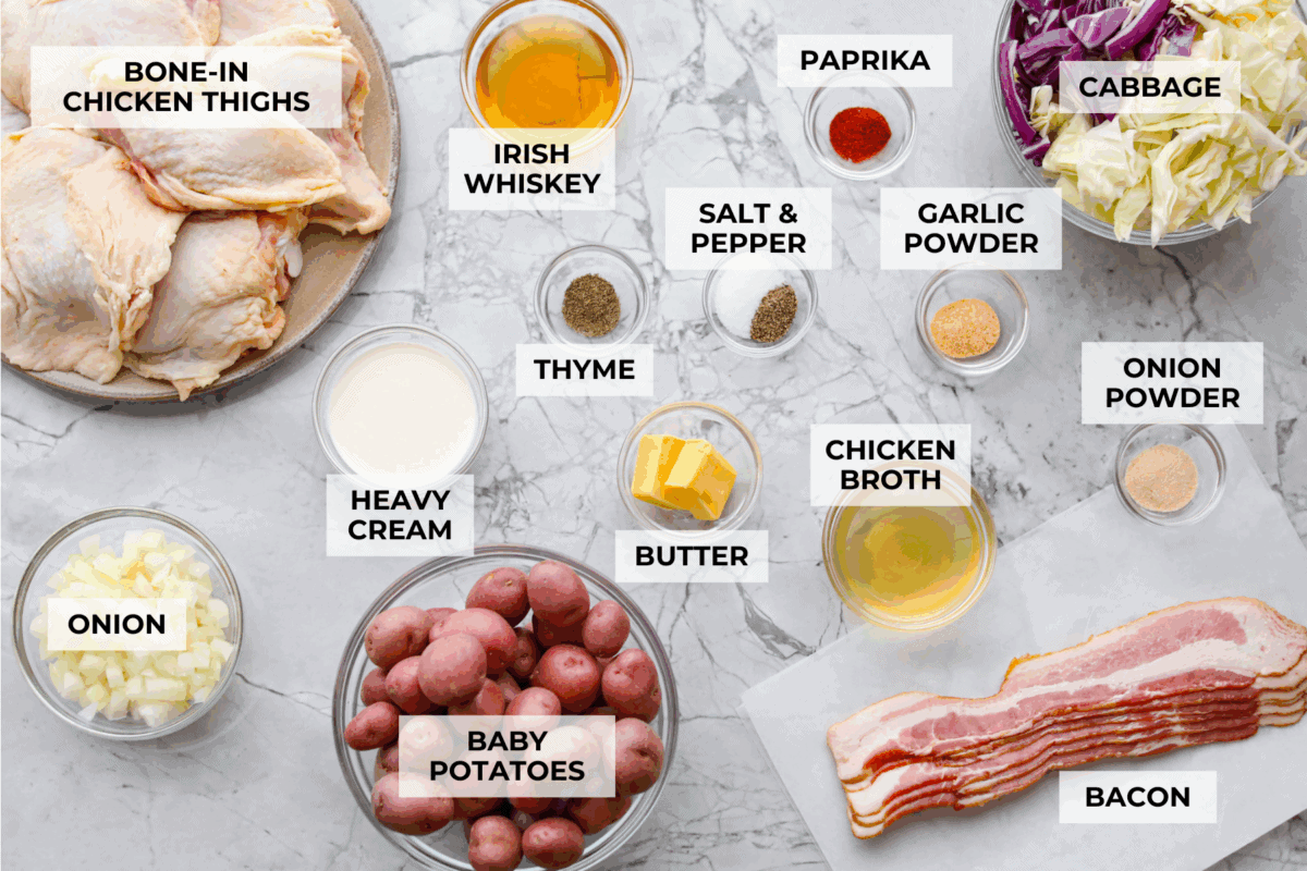 Overhead shot of labeled Irish chicken ingredients.