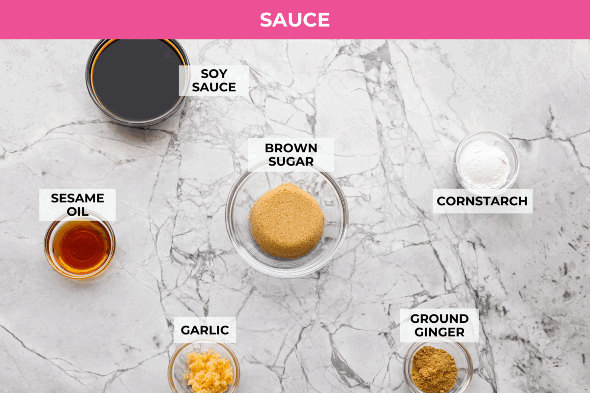 Overhead shot of labeled sauce ingredients. 