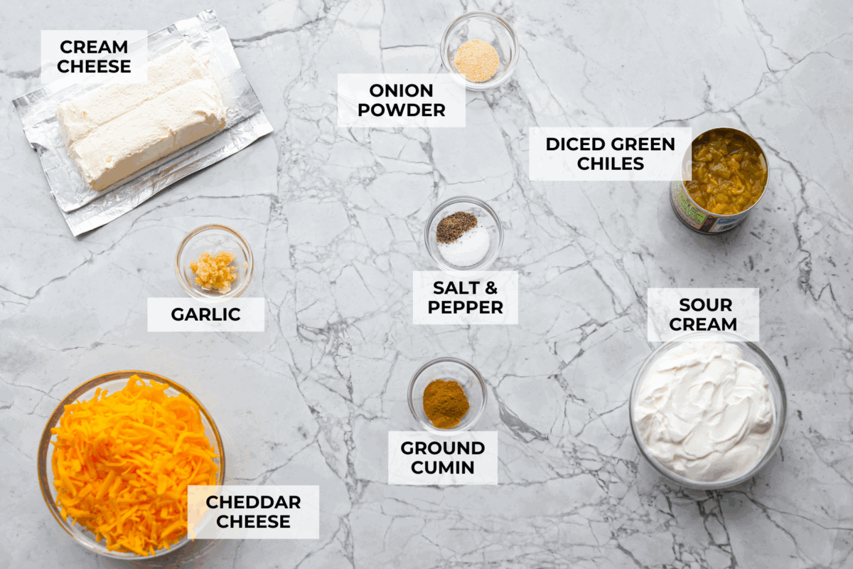 Overhead shot of labeled green chile dip ingredients. 