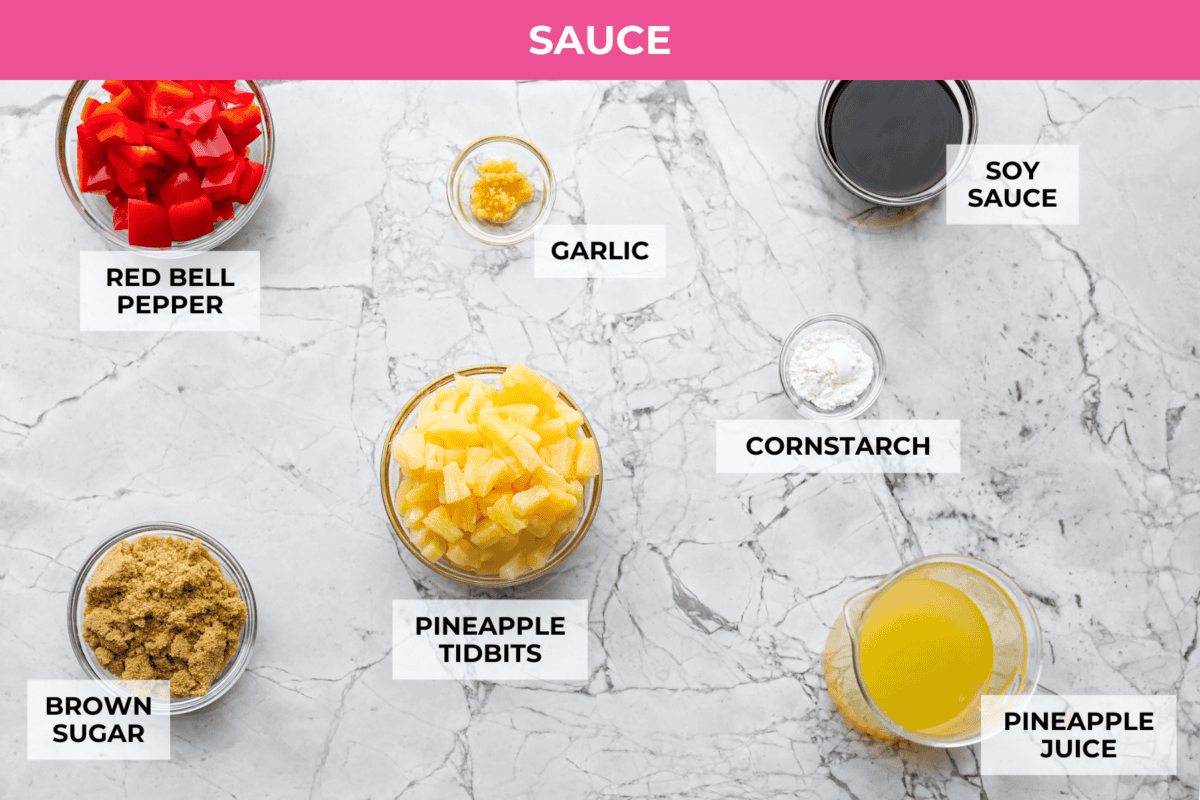 Overhead shot of labeled sauce ingredients. 