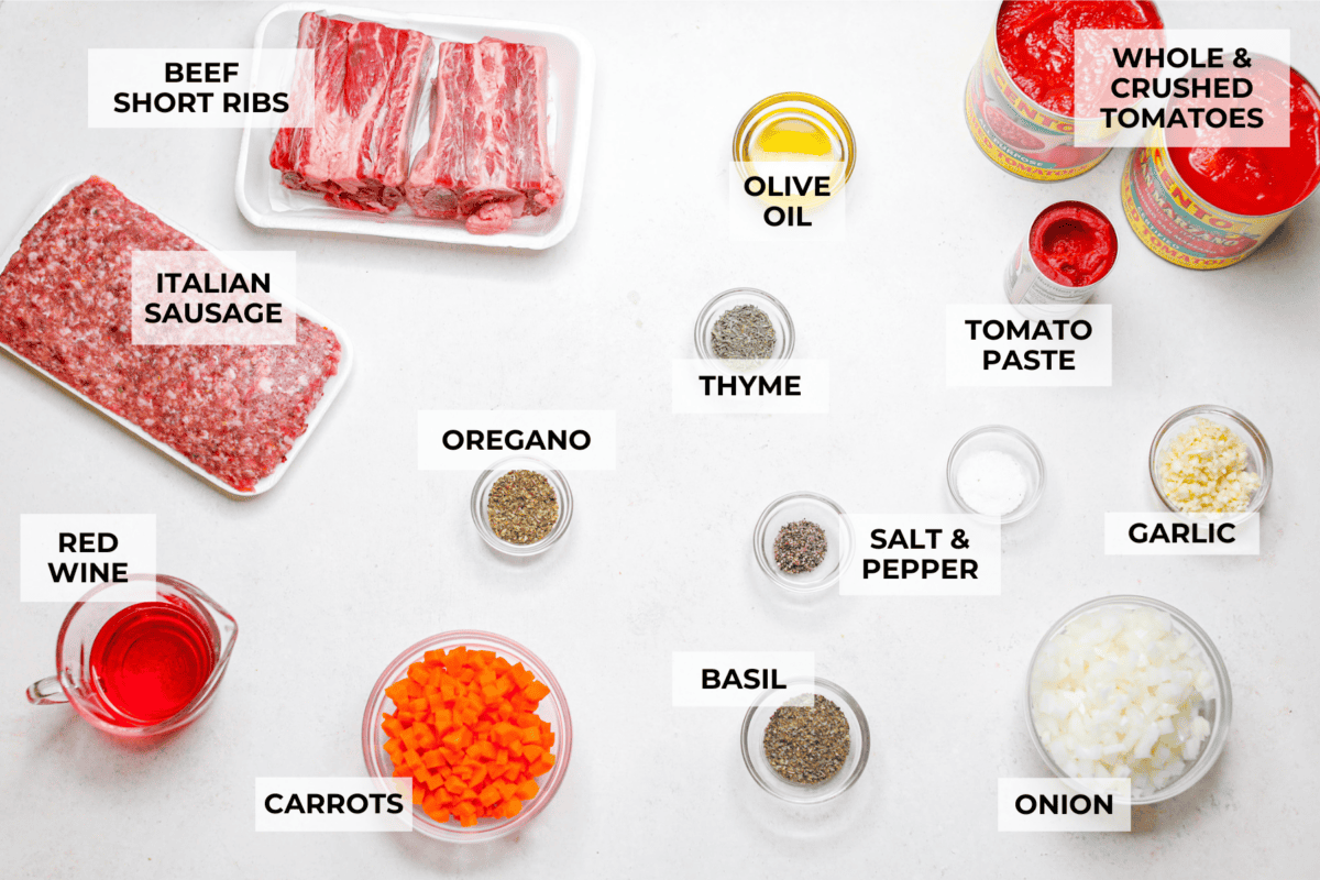 Overhead shot of labeled ingredients. 