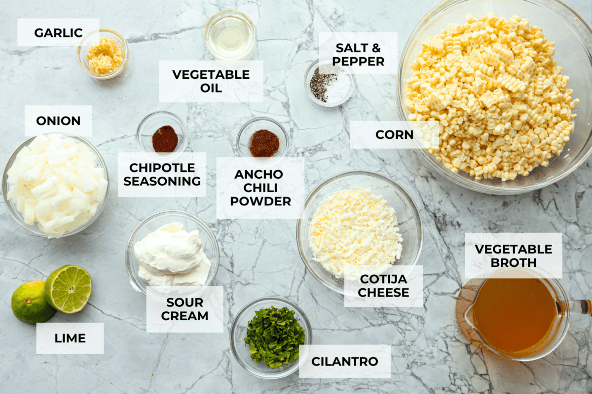 Overhead shot of labeled ingredients. 